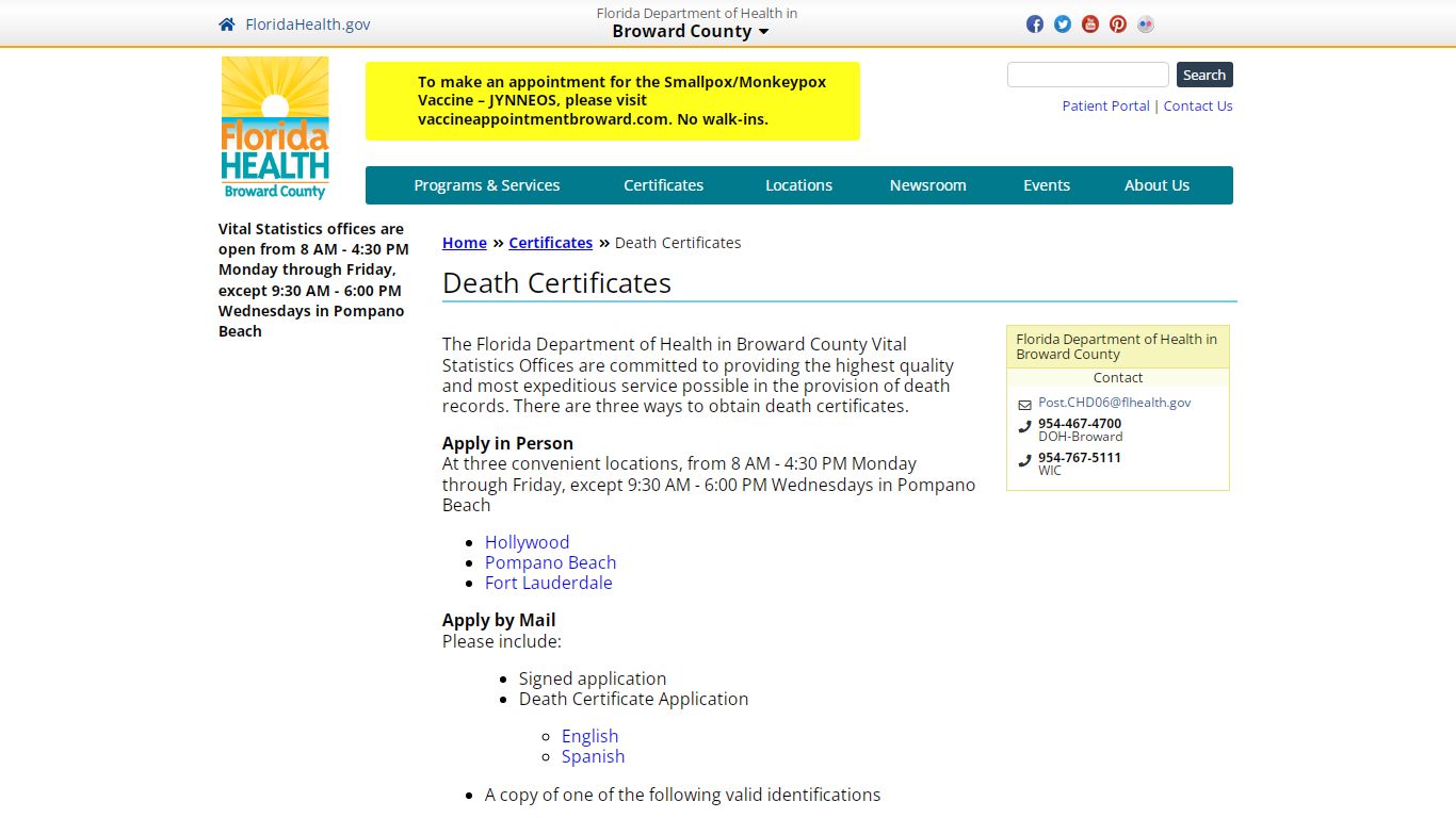 Death Certificates | Florida Department of Health in Broward